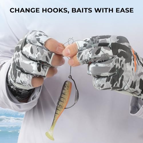 KastKing Agies Fishing Gloves Men, UPF 50+ Sun Gloves UV Protection, Cooling Quick-Dry 3/4 Fingerless Gloves with Extended Cuff, Microfiber Palm & Pull Tabs, for Fishing, Kayaking, Hiking, Hunting - color: X Camo-Gray, size: Large-X-Large