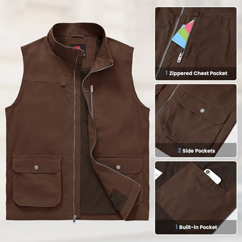 TBMPOY Men's Lightweight Vest Cotton Stylish Sleeveless Travel Casual Work Canvas Outerwear Utility Jacket Fishing Hiking - color: Coffee, size: 3X-Large