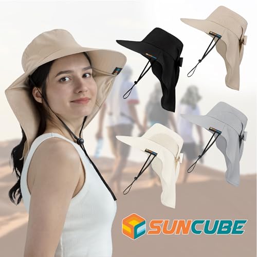 SUN CUBE Wide Brim Sun Hat with Neck Flap for Men Women, UPF50+ Fishing - color: Light Grey With Bow