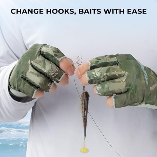 KastKing Agies Fishing Gloves Men, UPF 50+ Sun Gloves UV Protection, Cooling Quick-Dry 3/4 Fingerless Gloves with Extended Cuff, Microfiber Palm & Pull Tabs, for Fishing, Kayaking, Hiking, Hunting - color: X Camo-Olive Green, size: Small-Medium