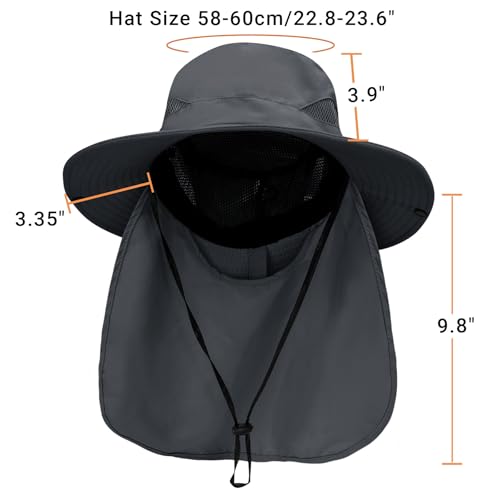 PFFY Sun Bucket Hats for Men Women Fishing Hat UV Protection Wide Brim Beach Safari Hat with Neck Flap - color: Grey (With Neck Flap)