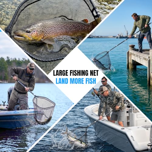 PLUSINNO Large Fishing Net, 3.4-7.7 FT Carbon Fiber Fish Net with Long Telescoping Handle, Kayak Fishing Gear Accessories Foldable Landing Net for Bass, Trout, Catfish, Fishing Gifts for Men Father - size: 4.9 FT (59.1") Full Length