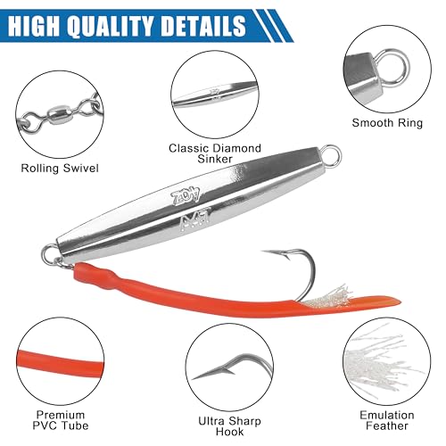Diamond Jig Saltwater Fishing Lures Casting Jigging Spoon with Tube Tail Stainless Steel Hooks Trolling Lures Striped Bass Metal Jig for Deep Sea Surf Fishing Bottom Dragging Sinking - color: Red, size: 3 oz