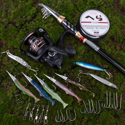 Alwonder Fishing Spinning Rod and Reel Combos, Carbon Fiber Telescopic Fishing Rod 4000 Spinning Reel Set Saltwater Freshwater with Jigs Spoon Spinner Sandeel Lures Line Gear Accessories Tackle - size: S - 1.8M/5.91FT