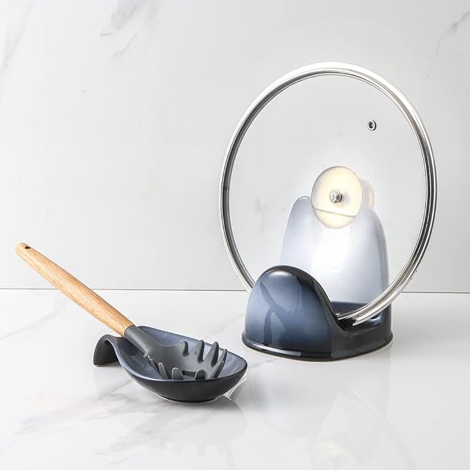 Nihow Pot Lid Holder: Stable Ceramic Pan Lid Holder for Kitchen Counter Decor/Counter top/Stove Top- Heat Resistant & Dishwasher Safe - Elegant Grey (1 PC)