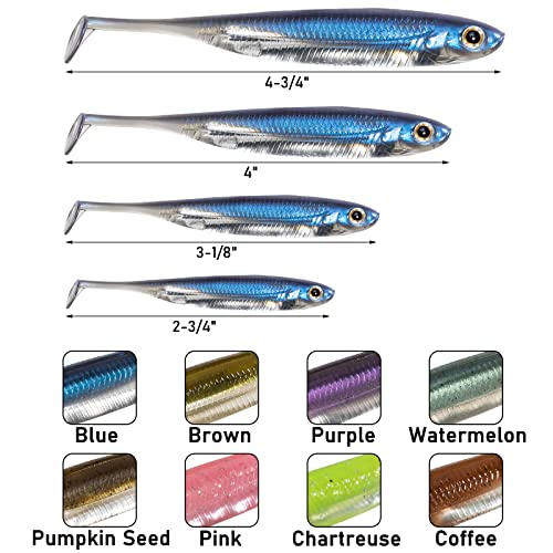 Dr.Fish Paddle Tail Swimbaits, Soft Fishing Lures for Bass Fishing 2.75-4.75 Inches, Freshwater & Saltwater Soft Plastic Baits Swim Shad Bait Minnow Lures Drop Shot - color: Pumpkinseed, size: 3.93"-5 Pack