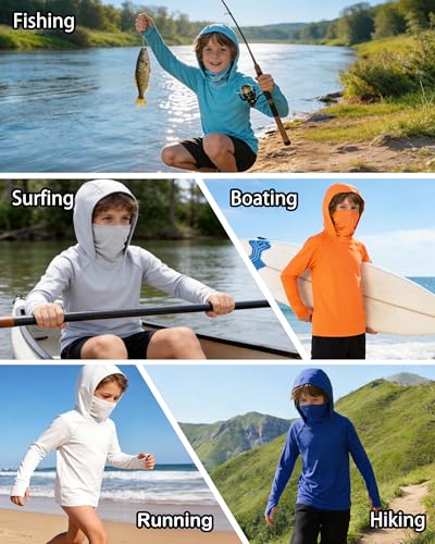 Boys Hooded Fishing Shirt with Mask, Kids UPF 50+ Long Sleeve Rash Guard Hoodie, Sun Protection Beach Swim Shirts - color: Light Blue, size: Large