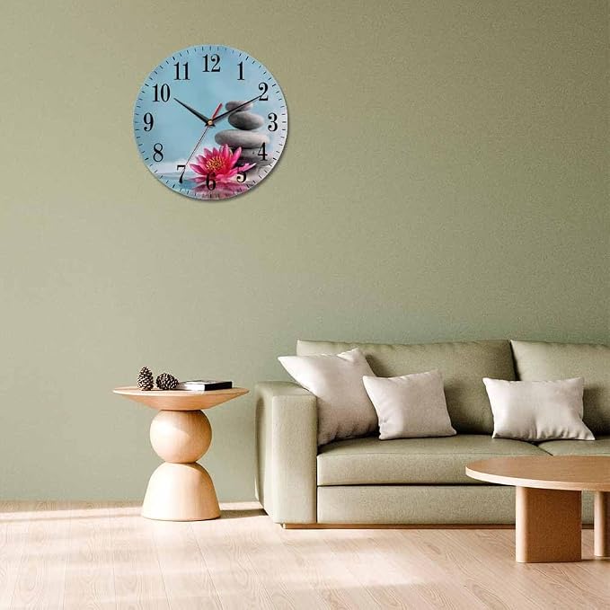 Mxocom Meditation Wall Clock Water Lily and Zen Stone Natural Still Relax 10