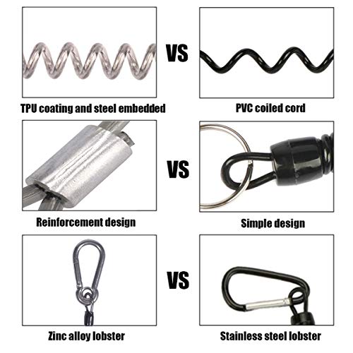 Retractable Coil Lanyard with Carabiner (2pcs) Long Coiled Tether for Tools/Rods/Fishing Tackle (Black)