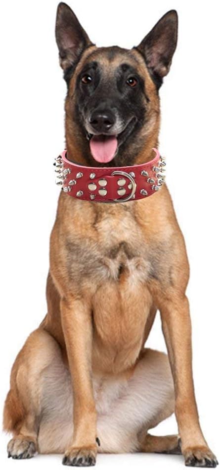 Serijoars Spiked Studded Dog Collar, PU Leather Dog Collar, Adjustable Pet Collars for Medium or Large Breed Pet (XL, Pink1)