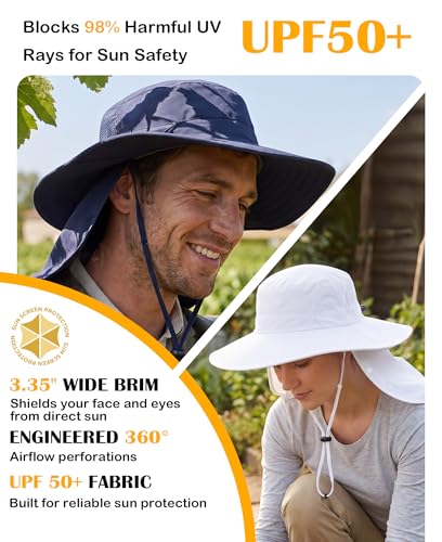 Home Prefer UPF 50+ Wide Brim Sun Hats with Neck Flap Sun Protection Hat for Men Women Gardening Fishing Summer Bucket Hat - color: White
