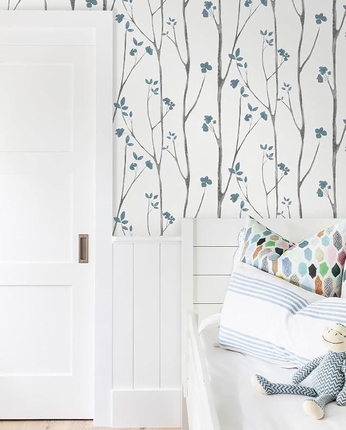 Timeet Peel and Stick Wallpaper White and Blue Floral Wallpaper Boho Leaf