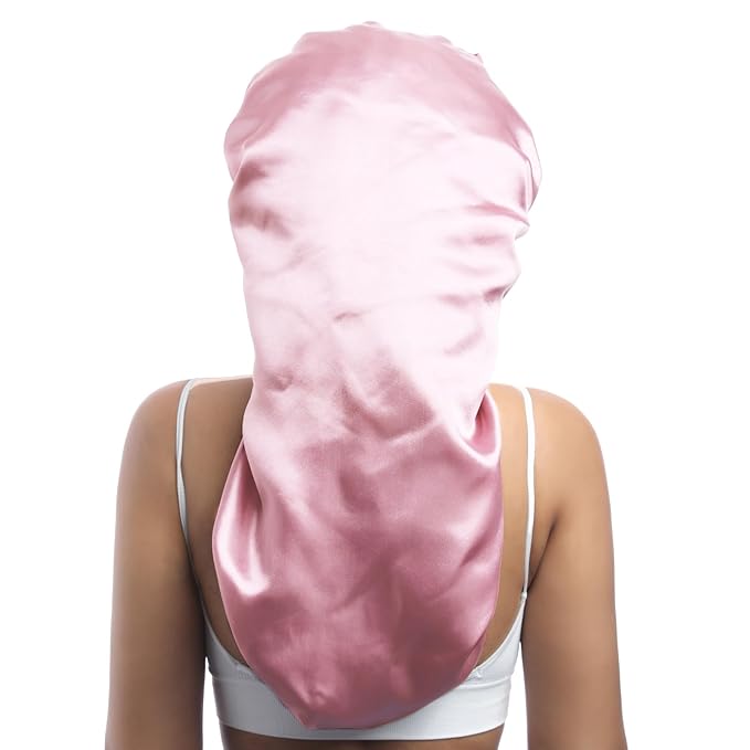 AWAYTR Long Satin Bonnet for Braids - Elastic Silk Hair Bonnets for Sleeping Night Cap Stretchy Tie Band for Women(Pink)