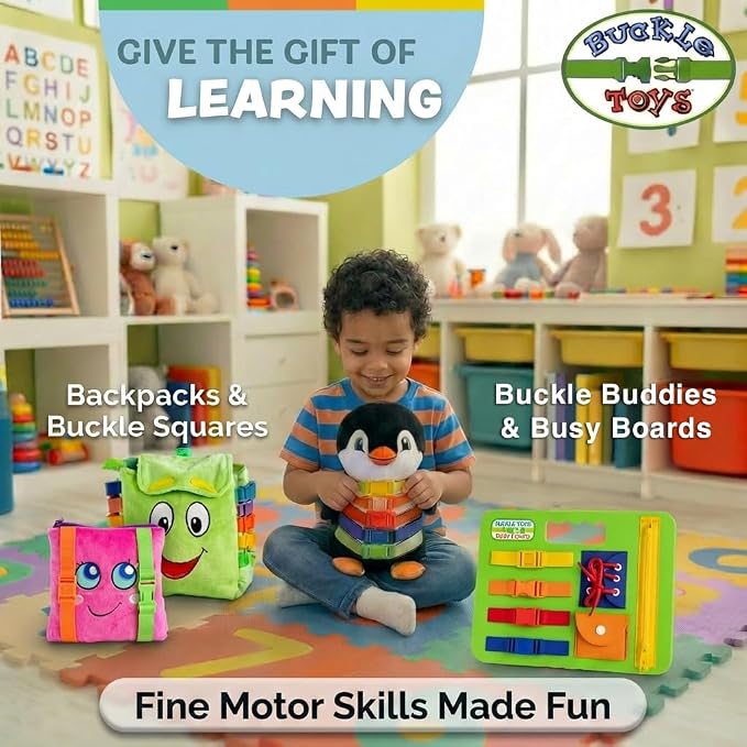 Buckle Toys, Busy Board, Green, Montessori Learning Toy for Toddlers | Great for kids as an Airplane Activity or on The Go, Foam Sensory Board, Develop Fine Motor Skills