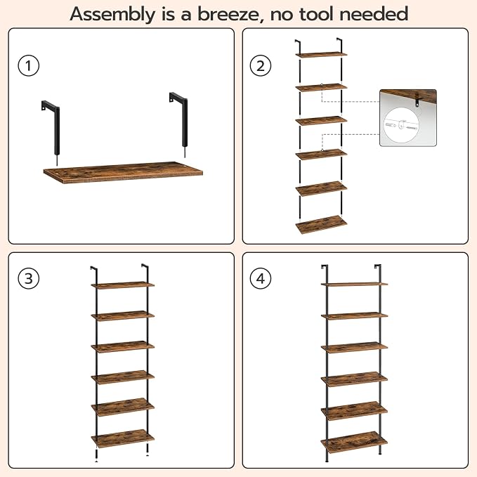 HOOBRO DIY Ladder Shelf, 6-Tier Wall Mounted Bookshelf, Office Vertical Bookcase