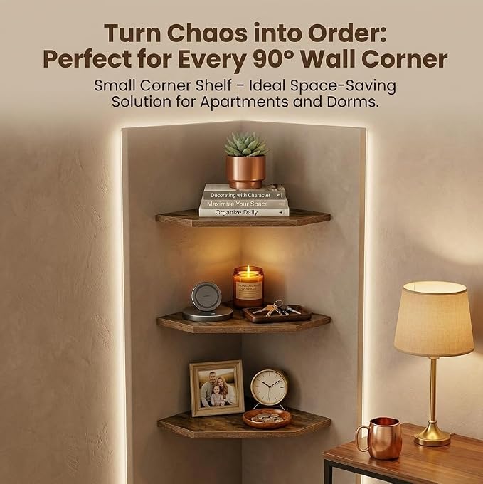 SUYU Set of 3 Floating Corner Shelves, 11.8" Rustic Wood Corner Shelf Wall