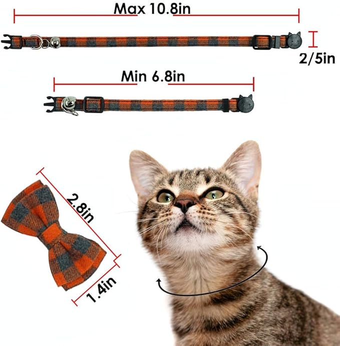 Cat Collars Breakaway with Bell and Bow Tie, Plaid Design Adjustable Safety Kitty Kitten Collar(6.8-10.8in) (Orange Plaid)