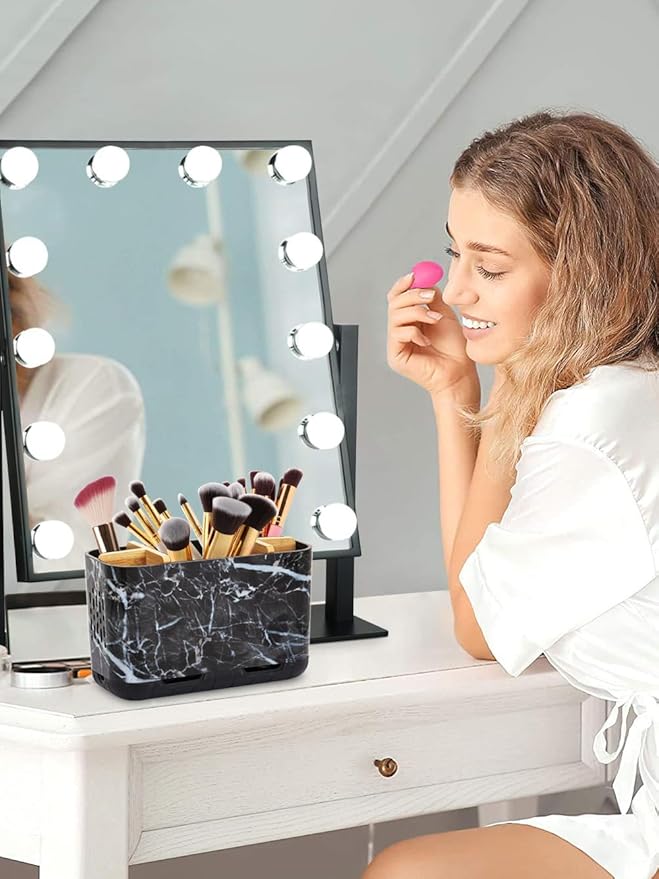 GFWARE Marble Toothbrush Holders, 5 Slots Bamboo Toothbrush and Toothpaste Holder for Bathroom Counter with Drainage, Kids Electric Toothbrush Organizer, Black Toothbrush Holders for Bathrooms