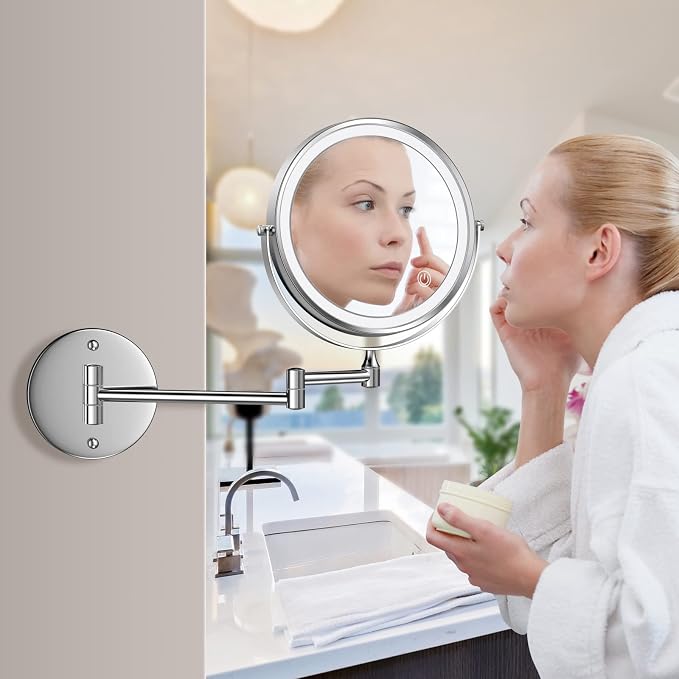 Rocollos Rechargeable Wall Mounted Lighted Makeup Mirror Chrome, 8 Inch