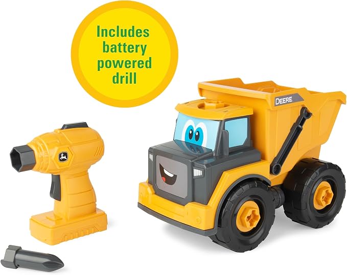 Build-A-Buddy John Deere Dump Truck Toy - Buildable Dump Truck Take Apart Toys with Toy Drill - AA Batteries Included - STEM Building Toys - Yellow - Construction Toys for Kids Ages 18 Months and Up