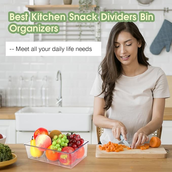 Clear Pantry Snack Organizer Bins with Dividers, 4 Pack