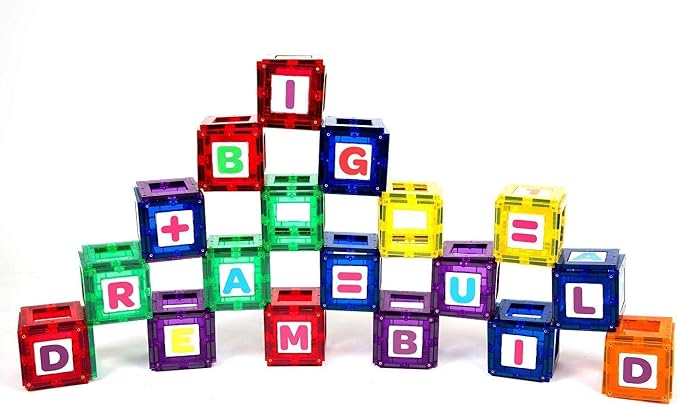 Playmags Magnetic Tile Building Set: Exclusive Educational Clickins – 80-Pc. Kit: 40 Super Strong Clear Color Magnet Tiles Windows & 40 Letters & Numbers – Stimulate Creativity & Brain Development