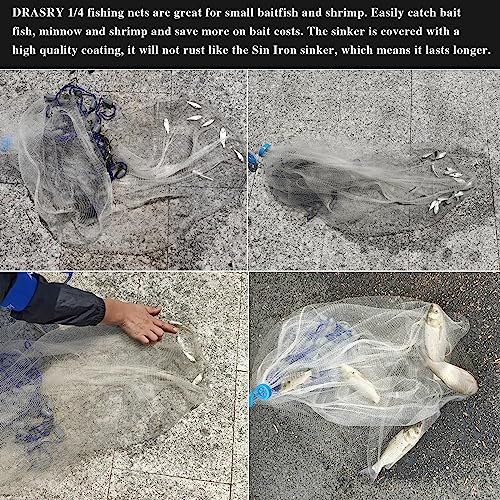 Drasry Saltwater Fishing Cast Net 3/8 and 1/4 Mesh with Heavy Duty Gray Sinker American Monofilament Fish Throw Net for Bait Trap 3FT 4FT 5FT 6FT 7FT 8FT 9FT Radius - size: 5FT Radius, style: 1/4 Mesh 0.88 Lb/Ft