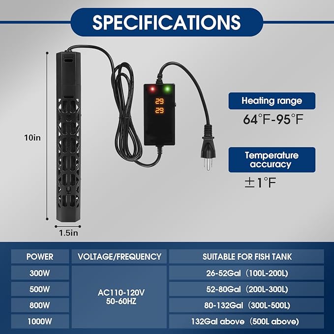 500w Aquarium Heater, Submersible Fish Tank Heater,Intelligent Frequency Conversion with Over-Temperature Protection and Automatic Power-Off When Leaving Water for