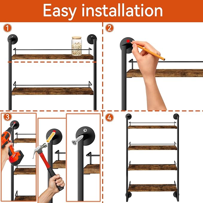 IBUYKE Spice Rack Wall Mount,4 Tier Hanging Seasoning Organizer,Large Spice Rack for Wall for up to 50 Jars,Spice Organization for Kitchen Cabinet,Bathroom,Pantry,Living Room,Brown TLJ016H