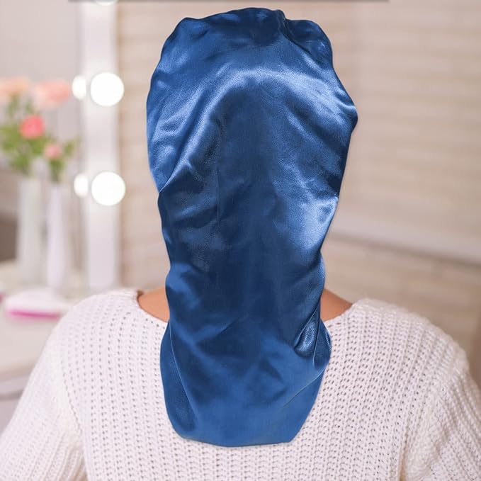 AWAYTR Long Satin Bonnet for Women - Double Layer Elastic Silk Bonnet for Braids Hair Sleeping Cap with Tie Band (Royal Blue)