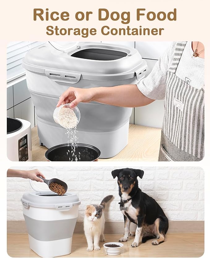 20-50 Lbs Food Storage Container With Wheel, Airtight Locking Lid, Collapsible Rice Container, Flour Storage With Small Container and Scoop, Suitable for Pet Food