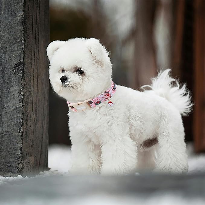 Pink Christmas Dog Collar, Adjustable Cotton Dog Collars with Santa & Snowman Patterrn, Holiday Dog Collars for Small Dogs, Cute Winter Collar for Girl Boy Dogs-S