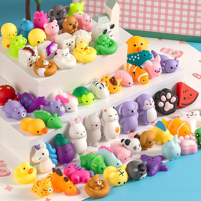 50 Pack Squishy Toys, Mochi Squishy Animals for Kids, Kawaii Slow Rising Squishies, Cute Sensory Fidget Toys for Kids, Party Favors, Treasure Box Prizes, Classroom Prizes in Storage Bucket