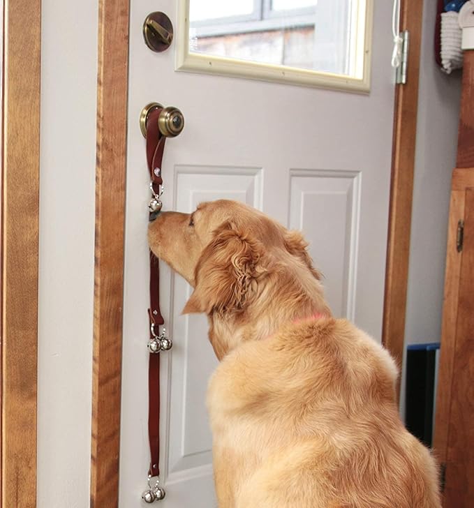 Leather Dog Doorbells for Door Knob/Potty Training/Go Outside, Length Adjustment Copper Dog Bell, Housetraining Hanging Bell, Dark Brown Leather Golden Bells - 2 Pack