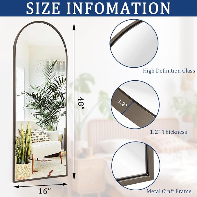 Large Arched Full Length Mirror, Arch Bathroom Wall Mirrors Metal Aluminum