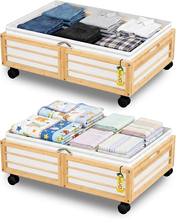 Under Bed Storage Containers with Wheels, Larger Bamboo Wood Under Furniture Storage Containers with Dust Bags,Rolling for Shoes Clothes