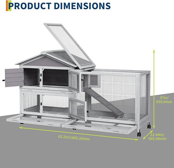 Rabbit Cage with Weatherproof Roof, Bunny Cage with 6 Lockable Caster Wheels & Pull-Out Tray, Rabbit Hutch for Indoor Outdoor Use, Grey(63.2" l x 22.4" w x 37")