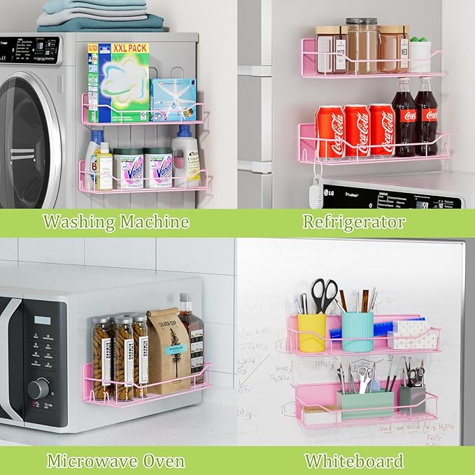 Magnetic Spice Rack for Refrigerator, 9 Pack Magnetic Fridge Shelves W/Adjustable Paper Towel Holder, Hook Rack, Moveable Spice Organizer Shelf for Kitchen Organization and Storage (Pink)