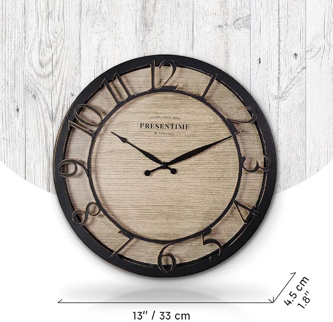 Presentime & Co 13" Farmhouse Series Wall Clock, Quartz Movement, Shiplap Style