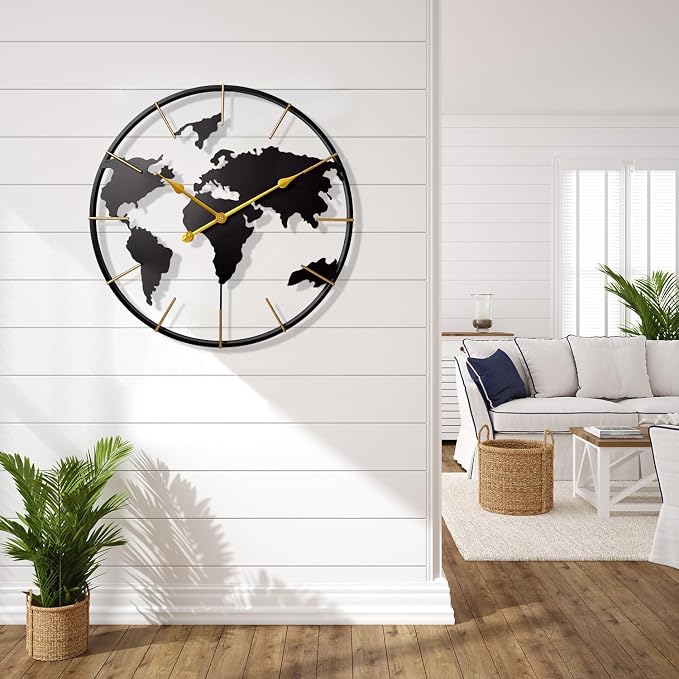 Large World Map Wall Clock, Metal Minimalist Modern Clock, Round Silent