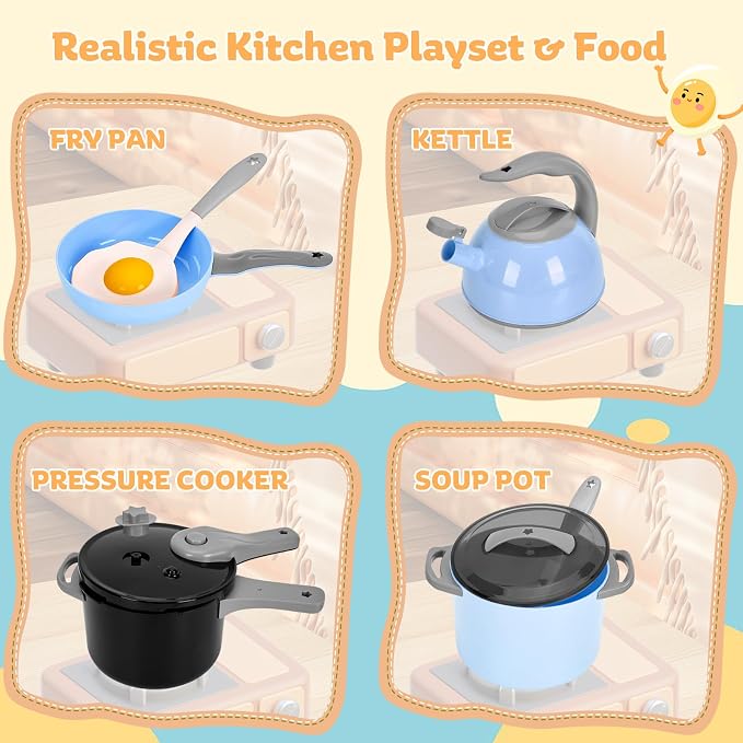 105Pcs Kids Kitchen Toy Accessories, Toddler Pretend BBQ Camping Cooking Playset, Play Pots, Pans, Utensils Cookware Toys, Play Food Set, Vegetables, Learning Gift for Girls Boys