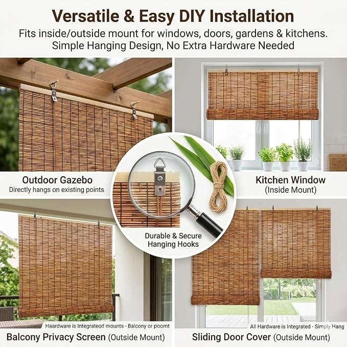 Bamboo Roller Shades for Outdoor Patio, Outside Waterproof Sun Shade, Privacy