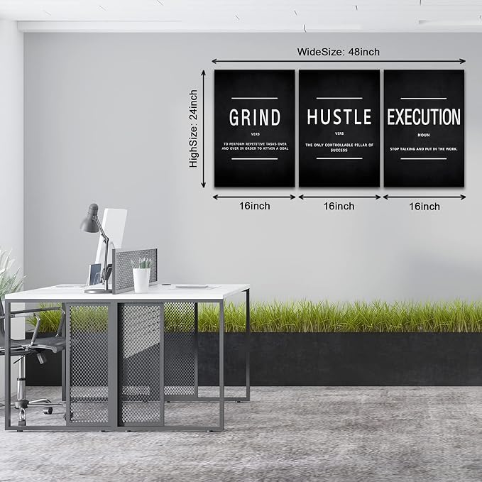 KAWAHONE Grind Hustle Execution Quotes Framed Wall Art, Inspirational Painting