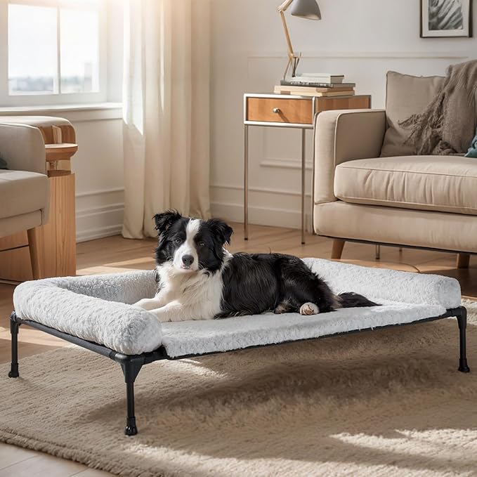 Veehoo Cooling Elevated Dog Bed Add Removable Deluxe Rose Plush Bolster Cushion Mat, 41" x 27" Washable Dog Couch Bed, Raised Pet Cot with Breathable Teslin Mesh, No-Slip Feet, Grey, CWC2439B