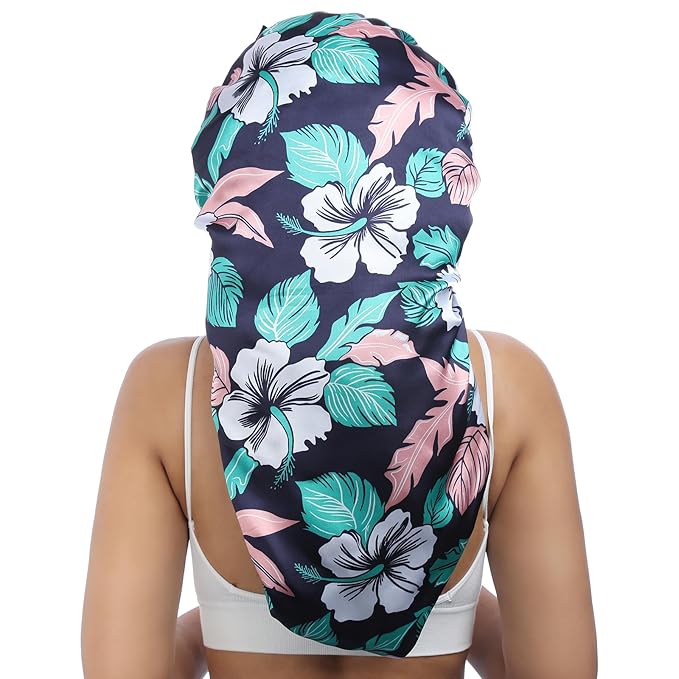 AWAYTR Long Satin Bonnet for Braids - Elastic Silk Hair Bonnets for Sleeping Night Cap Stretchy Tie Band for Women(Flower D)