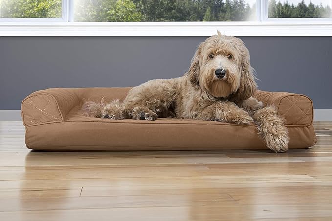 Furhaven Cooling Gel Dog Bed for Large/Medium Dogs w/ Removable Bolsters & Washable Cover, For Dogs Up to 55 lbs - Quilted Sofa - Toasted Brown, Large