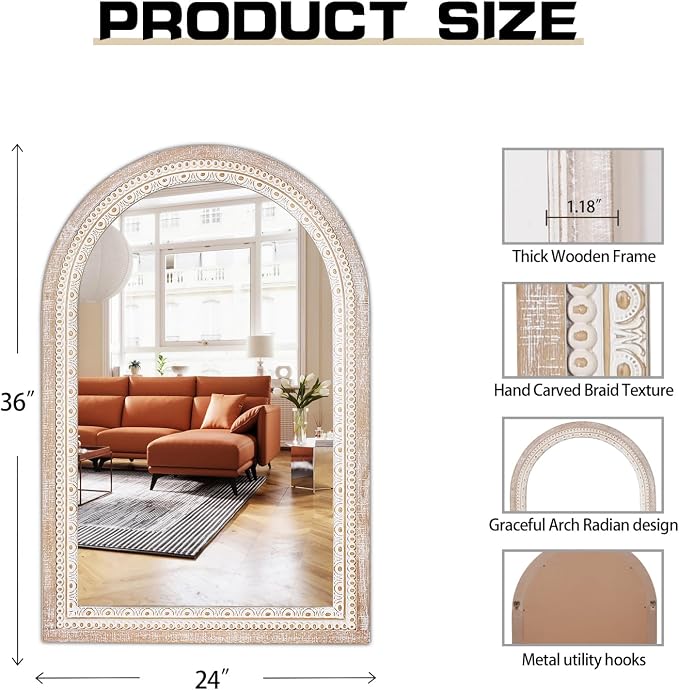 36x24 Inch Rustic Farmhouse Arched Wall Mirror, Boho Distressed Wooden Frame