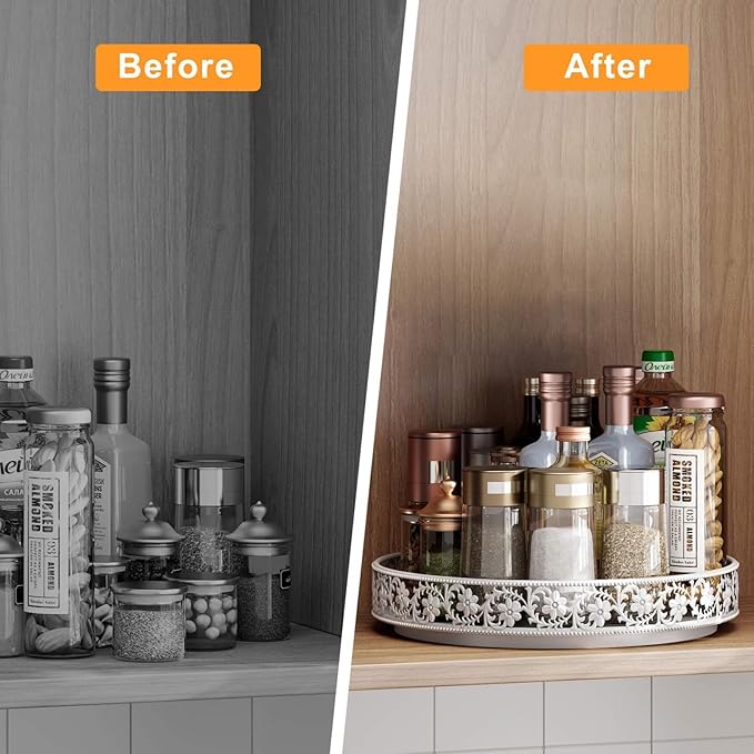 Lazy Susan Organizer Turntable 10", 360 Rotating Spice Rack Lazy Susan for Cabinet Dining Table Top Countertop Pantry Kitchen Cupboard Vanity Bathroom Refrigerator White
