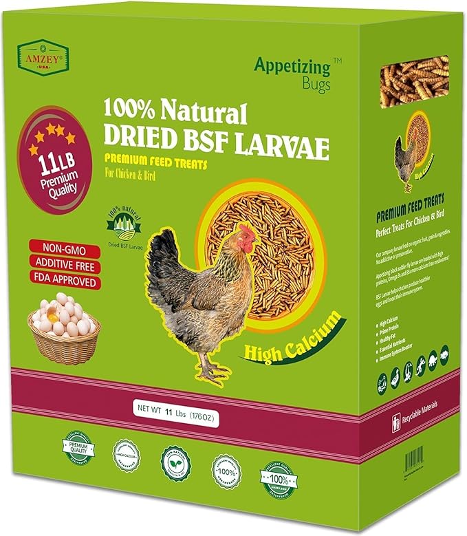 Amzey 11 LBS Dried Black Soldier Fly Larva - 100% Natural BSF Larvae - 85X More Calcium Than Mealworms - High Calcium Treats for Chickens, Birds, Reptiles, Hedgehog, Geckos, Turtles