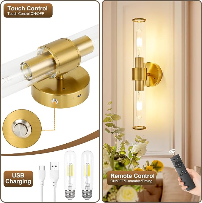 Morauroral Gold Battery Operated Wall Sconces Set of 2, Rechargeable Wall Lights